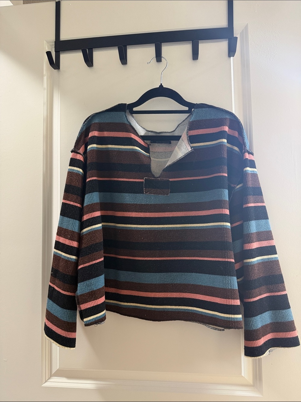 Urban Outfitters V-Neck Striped Sweater in Black, Blue & Pink